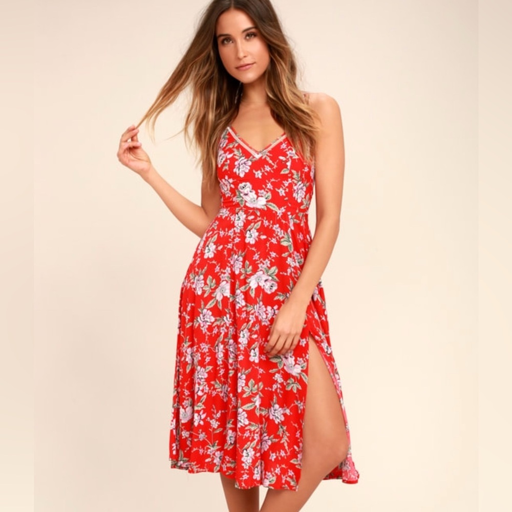 Lulus Esperanza Red Floral Print Midi Dress Sz M